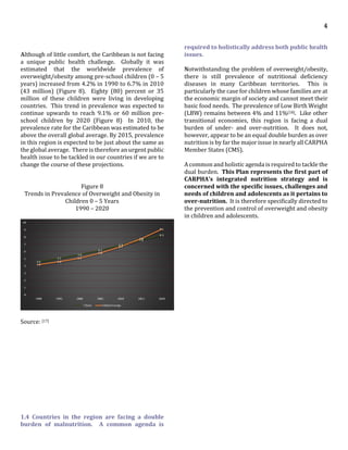 4
Although of little comfort, the Caribbean is not facing
a unique public health challenge. Globally it was
estimated that the worldwide prevalence of
overweight/obesity among pre-school children (0 – 5
years) increased from 4.2% in 1990 to 6.7% in 2010
(43 million) (Figure 8). Eighty (80) percent or 35
million of these children were living in developing
countries. This trend in prevalence was expected to
continue upwards to reach 9.1% or 60 million pre-
school children by 2020 (Figure 8). In 2010, the
prevalence rate for the Caribbean was estimated to be
above the overall global average. By 2015, prevalence
in this region is expected to be just about the same as
the global average. There is therefore an urgent public
health issue to be tackled in our countries if we are to
change the course of these projections.
Figure 8
Trends in Prevalence of Overweight and Obesity in
Children 0 – 5 Years
1990 – 2020
Source: [17]
1.4 Countries in the region are facing a double
burden of malnutrition. A common agenda is
required to holistically address both public health
issues.
Notwithstanding the problem of overweight/obesity,
there is still prevalence of nutritional deficiency
diseases in many Caribbean territories. This is
particularly the case for children whose families are at
the economic margin of society and cannot meet their
basic food needs. The prevalence of Low Birth Weight
(LBW) remains between 4% and 11%[18]. Like other
transitional economies, this region is facing a dual
burden of under- and over-nutrition. It does not,
however, appear to be an equal double burden as over
nutrition is by far the major issue in nearly all CARPHA
Member States (CMS).
A common and holistic agenda is required to tackle the
dual burden. This Plan represents the first part of
CARPHA’s integrated nutrition strategy and is
concerned with the specific issues, challenges and
needs of children and adolescents as it pertains to
over-nutrition. It is therefore specifically directed to
the prevention and control of overweight and obesity
in children and adolescents.
 