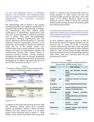 7
2.2 The most significant impact of childhood
obesity is its persistence into adulthood along
with the sequelae of non-communicable disease
complications and associated increased
healthcare costs.
The epidemiologic shift of obesity to the younger
Caribbean population has significant ramifications. A
relatively large and fairly consistent body of evidence
now demonstrates that obese children suffer
complications of dyslipidemia, hypertension, fatty
liver, early sexual maturation, respiratory problems
such as asthma, sleep apnea and psychological
consequences including stigmatization, low self-
esteem, depression and discrimination [29]. The most
important long-term consequence, however, is the
persistence of overweight or obesity into adulthood
along with all of the related chronic non-
communicable disease health problems. Other than
obesity, risk factors for hypertension, diabetes and
cardiovascular diseases have already started to
emerge in Caribbean children. Surveys conducted
throughout the region have, for example, established
the presence of elevated blood pressure and impaired
fasting glucose in children even below the age of 20
years (Table 1 panel (A) and (B)) [6] [7] [13] [30]
.
Table 1
Prevalence of Risk Factors for Non-communicable
diseases in Selected Caribbean countries
(A)
Hypertension
Risk Factor Country Prevalence Age
Elevated Blood
pressure
Antigua 3.4%
(n= 4029)
4 – 20
Bahamas 8.9%
(n = 785)
15 – 16
Source:[6], [7]
(B)
Diabetes
Risk Factor Country Prevalence Age
Acanthosis
Nigricans
T&T 18.4%
(n = 2066)
5 -17
Impaired
fasting glucose
Bahamas 16.1%
(n = 861)
13 - 19
Source: [13], [30]
In addition to the health and psychosocial costs, child
and adolescent obesity places heavy economic
burdens on healthcare systems. Obese pre-school
children have been found to have 2 to 2.6 times
greater risk of becoming obese as adults [31]. Child
obesity is also heavily associated with young adult
obesity [14]
. Obesity in the second decade of life is a
strong predictor of adult obesity and this risk
increases if either parent was also obese. Part of the
impact of the disease therefore relates to the
healthcare system’s ability to sustain the inevitable
lifetime cost of treatment and care for the obese adults
who will fall victim to NCDs.
2.3 Obesity prevention efforts in countries in the
region have largely been circumscribed to school-
based initiatives with lesser focus on mobilization
of community-wide actions.
In 2014, CARPHA conducted a survey of CMS to
determine the state of the regional response over the
previous year [32]. Seven (7) of the 17 reporting
countries indicated that they had at least one policy
for the prevention of obesity either in draft or finalized
(Table 2). Some of these policies broadly addressed
food and nutrition security or infant feeding in general
while others dealt more narrowly with the food
environment in schools.
Table 2
Summary of Policies to address Childhood Obesity
Reported by CARPHA Member States
Country Title of Policy
Jamaica Food and Nutrition Security
Policy
Infant and Young Child Feeding
Policy
Trinidad and
Tobago
Childhood Obesity Prevention
Policy
Dominica School Health Nutrition Policy
St Vincent and
the Grenadines
National Child Nutrition Policy
Adolescent Health Policy
Bermuda Healthy Schools Nutrition
Policy
Vending Machine and Cafeteria
Policy
Physical Activity Policy
Aruba Health Policy Health
Promotion Aruba
Montserrat Healthy Schools and Physical
Activity Policy
Source: [32]
 