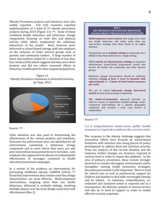 8
Obesity Prevention projects and initiatives were also
widely reported. Ten (10) countries reported
implementation of a total of 19 obesity prevention
projects during 2013 (Figure 11) [32]. Some of these
combined health education and behaviour change
components focusing on both diet and physical
activity while others emphasized the sedentary
behaviours of the youths. Most, however were
delivered in school-based settings with less emphasis
on the inclusion of wider interest groups such as
parents and community leaders. A large number of
these interventions lasted for a duration of less than
four weeks (33%) which suggests that they were short
projects and did not reflect sustained efforts at
behaviour modification for their targeted populations.
Figure 11
Obesity Prevalence Initiatives in Selected Countries,
by Type, 2013
Source: [32]
Little attention was also paid to determining the
effectiveness of the various projects and initiatives.
Outcomes for achievement were not identified for all
interventions containing a behaviour change
component and in cases where they were, pre and
post intervention measurements were not taken. Less
emphasis also appeared to be placed on evaluating the
effectiveness of messages contained in health
education/awareness campaigns.
In a review of the evidence on interventions for
preventing childhood obesity, CARPHA (2014) [35]
found that interventions that contain some key design
characteristics are most effective. Multicomponent
interventions, targeting more than one health
behaviour, delivered in multiple settings, involving
multiple players was the main design associated with
effectiveness (Box 2).
Source: [33]
2.4 A comprehensive multi-sector public health
response is required to address the current crisis.
The response to the obesity challenge suggests that
prevention efforts have focused on school-based
initiatives with attention also being placed on policy
development to address food and nutrition security.
From our analysis, of the current situation and the
response, further changes are, however, required at
country level in order to impact the epidemic. In the
area of primary prevention, these include stronger
measures to counter obesogenic environments and to
strengthen existing health promotion strategies.
Secondary prevention is also important. There is need
for clinical care as well as psychosocial support for
children and families to deal with overweight/obesity
and its impact. In summary, comprehensive, co-
ordinated and sustained action is required and as a
consequence, the delivery systems in various sectors
will also be in need of support in order to enable
effective country responses.
BOX 2
KEY MESSAGES FOR DESIGNING BEHAVIOUR
CHANGE OBESITY PREVENTION INTERVENTIONS
Multicomponent interventions that target more than
one health behaviour and utilize more than one
intervention strategy have been found to be highly
effective.
Programmes set in multiple setting are generally more
effective than those delivered in a single setting.
While schools are ideal primary settings, to maximize
effectiveness, school-based programmes should also
involve the family, the community and other interest
groups.
Behaviour change interventions should be relatively
intensive, lasting at least 2 years in duration with
approximately 1 – 2 hours of intervention exposure
per week.
The use of robust behaviour change theoretical
models in intervention design is important.
The whole-of-community approach provides an
effective means to implement multiple-settings, multi-
component interventions, for a specific geographic
catchment, that involves a wide cross section of
stakeholders.
 