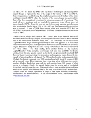 HLY1202 Cruise Report
11
on HEALY 07-03. From the HARP sites we steamed north to pick up mapping of the
region thought to represent the base of the slope in the vicinity of 820
N and 1620
W.
Surveying continued east following the morphologic expression of the base of the slope
until approximately 1500
W where the character of the morphological expression of the
base of the slope changed and we switched to a reconnaissance mode of surveying. This
mode of survey continued until we reached the easternmost extent of our survey at
approximately 1390
W. From this point we traveled westward mapping several regions
that we suspected shoaled above 2500 m (they did) and then began dredging operations
(on 30 August). A total of 3114 linear nautical miles were surveyed (5767 km) on
HLY08-05 covering an area of approximately 34,600 sq. km (assuming an average swath
width of 6 km).
A total of seven dredges were taken on HEALY-0805, four on the southern portions of
the Alpha/Mendeleev Ridge complex, two on ridges north of the Chukchi Borderland and
one in the northwestern Northwind Ridge area. The first dredge site on the southern
Alpha/Mendeleev Ridge complex yielded samples from what appeared to be an outcrop
of layered sedimentary rock that appeared on shipboard examination to be non-marine in
origin. The second dredge from the same vicinity contained over 200 pounds of mud and
ice rafted debris. The third dredge, from another feature on the southern
Alpha/Mendeleev Ridge Complex, also brought back only mud and IRD. The fourth
dredge, from the same general vicinity as the third, was predominantly mud and IRD
however there where interesting iron concretions and manganese crusts along with one
sample of a possible altered ash deposit. The fifth dredge, from the northern extend of the
Chukchi Borderland, recovered over 1000 pounds of mud with about 10 pounds of IRD
of various rock types. The sixth dredge from a very steep (about 60 degree) slope on the
northern Chukchi Borderland was mud free and contained over 200 pounds of what
appear to be basalts. Finally, the seventh dredge from the western wall of Northwind
Ridge had very little mud but over 700 pounds of rock that probably represented both
outcrop and angular tallus from the foot of the steep slope from which it was dredged.
Samples from this dredge represented a range of rock types including sedimentary,
metamorphic, and possibly basaltic. The full cruise report for HEALY-0805 can be found
at www.ccom.unh.edu.
.
 