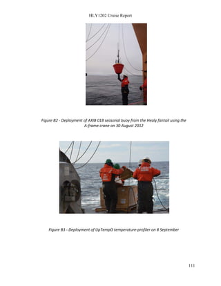 HLY1202 Cruise Report
111
Figure B2 - Deployment of AXIB 018 seasonal buoy from the Healy fantail using the
A-frame crane on 30 August 2012
Figure B3 - Deployment of UpTempO temperature-profiler on 8 September
 