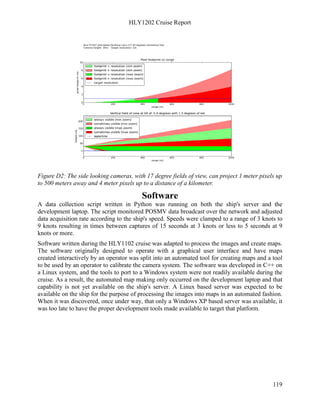 HLY1202 Cruise Report
119
Figure D2: The side looking cameras, with 17 degree fields of view, can project 1 meter pixels up
to 500 meters away and 4 meter pixels up to a distance of a kilometer.
Software
A data collection script written in Python was running on both the ship's server and the
development laptop. The script monitored POSMV data broadcast over the network and adjusted
data acquisition rate according to the ship's speed. Speeds were clamped to a range of 3 knots to
9 knots resulting in times between captures of 15 seconds at 3 knots or less to 5 seconds at 9
knots or more.
Software written during the HLY1102 cruise was adapted to process the images and create maps.
The software originally designed to operate with a graphical user interface and have maps
created interactively by an operator was split into an automated tool for creating maps and a tool
to be used by an operator to calibrate the camera system. The software was developed in C++ on
a Linux system, and the tools to port to a Windows system were not readily available during the
cruise. As a result, the automated map making only occurred on the development laptop and that
capability is not yet available on the ship's server. A Linux based server was expected to be
available on the ship for the purpose of processing the images into maps in an automated fashion.
When it was discovered, once under way, that only a Windows XP based server was available, it
was too late to have the proper development tools made available to target that platform.
 