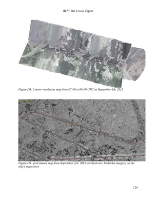 HLY1202 Cruise Report
124
Figure D8: 5 meter resolution map from 07:00 to 08:00 UTC on September 6th, 2012
Figure D9: geoCamera map from September 3rd, 2012 overlaid over RadarSat imagery on the
ship's mapserver.
 