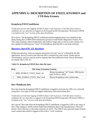 HLY1202 Cruise Report
145
APPENDIX G: DESCRIPTION OF EM122, KNUDSEN and
CTD Data Formats
Kongsberg EM122 multibeam
Verification of real-time logging of EM122 data is still in process. Until this data stream is
validated, the raw data files as logged on the Kongsberg SIS Hyrdographic Workstation (HWS)
is included in the "raw" section of the data distribution.
Description: The Kongsberg EM122 multibeam bottom mapping sonar was installed on the
Healy during the CY2009-2010 maintenance period at Todd Pacific Shipyard in Seattle, WA.
This sonar routinely collects bathymetry and seafloor image data as well as water column. It is
also capable of collecting raw "stave" (or hydrophone data) but this is not done routinely.
Directory: Raw/EM_122_RawData/
Within this directory, there are separate directories for each "survey" collected by the SIS
application. Survey's tend to end when the SIS is restarted for some reason. Under special
circumstances, survey's may be used to separate data from different events. Survey directories
are named: HLY1102_01/
Table G1. Kongsberg EM122 Raw data file types
Item File Name Extension Content
1 0000_20100619_233632_Healy .all
Binary Kongsberg ".all" format. MB-System
type 58 file or .mb58
2 0000_20100619_233632_Heal .wcd Binary Kongsberg water column data
Raw Multibeam data
Raw data from the Kongsberg EM122 multibeam is logged in real-time by LDS over a network
connection. Two types of files are logged: bathymetry and watercolumn data.
Verification of real-time logging of EM122 data is still in process. Until this data stream is
validated, the raw data files as logged on the Kongsberg SIS Hyrdographic Worksatin (HWS) is
included in the "raw" section of the data distribution.
Description: Raw data from the Kongsberg EM122 multibeam is logged by LDS in two types of
files. Files ending in .mb58 contain traditional multibeam data in the manufacturer's "Raw.all"
format. These files have a file name extenion of .mb58 . The EM122 also generates beam formed
water column data which is logged in files with a ".wcd" extension.
 