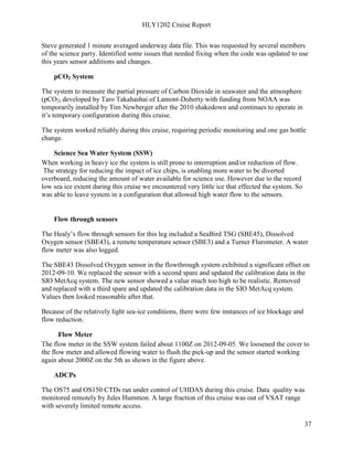 HLY1202 Cruise Report
37
Steve generated 1 minute averaged underway data file. This was requested by several members
of the science party. Identified some issues that needed fixing when the code was updated to use
this years sensor additions and changes.
pCO2 System
The system to measure the partial pressure of Carbon Dioxide in seawater and the atmosphere
(pCO2) developed by Taro Takahashai of Lamont-Doherty with funding from NOAA was
temporarily installed by Tim Newberger after the 2010 shakedown and continues to operate in
it’s temporary configuration during this cruise.
The system worked reliably during this cruise, requiring periodic monitoring and one gas bottle
change.
Science Sea Water System (SSW)
When working in heavy ice the system is still prone to interruption and/or reduction of flow.
The strategy for reducing the impact of ice chips, is enabling more water to be diverted
overboard, reducing the amount of water available for science use. However due to the record
low sea ice extent during this cruise we encountered very little ice that effected the system. So
was able to leave system in a configuration that allowed high water flow to the sensors.
Flow through sensors
The Healy’s flow through sensors for this leg included a SeaBird TSG (SBE45), Dissolved
Oxygen sensor (SBE43), a remote temperature sensor (SBE3) and a Turner Flurometer. A water
flow meter was also logged.
The SBE43 Dissolved Oxygen sensor in the flowthrough system exhibited a significant offset on
2012-09-10. We replaced the sensor with a second spare and updated the calibration data in the
SIO MetAcq system. The new sensor showed a value much too high to be realistic. Removed
and replaced with a third spare and updated the calibration data in the SIO MetAcq system.
Values then looked reasonable after that.
Because of the relatively light sea-ice conditions, there were few instances of ice blockage and
flow reduction.
Flow Meter
The flow meter in the SSW system failed about 1100Z on 2012-09-05. We loosened the cover to
the flow meter and allowed flowing water to flush the pick-up and the sensor started working
again about 2000Z on the 5th as shown in the figure above.
ADCPs
The OS75 and OS150 CTDs ran under control of UHDAS during this cruise. Data quality was
monitored remotely by Jules Hummon. A large fraction of this cruise was out of VSAT range
with severely limited remote access.
 