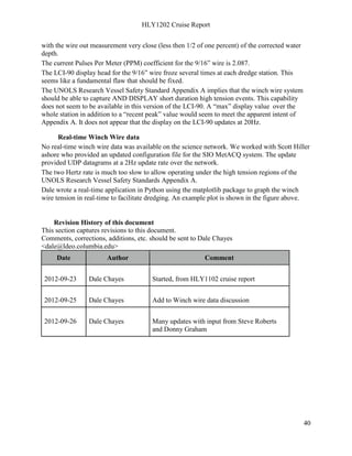 HLY1202 Cruise Report
40
with the wire out measurement very close (less then 1/2 of one percent) of the corrected water
depth.
The current Pulses Per Meter (PPM) coefficient for the 9/16” wire is 2.087.
The LCI-90 display head for the 9/16” wire froze several times at each dredge station. This
seems like a fundamental flaw that should be fixed.
The UNOLS Research Vessel Safety Standard Appendix A implies that the winch wire system
should be able to capture AND DISPLAY short duration high tension events. This capability
does not seem to be available in this version of the LCI-90. A “max” display value over the
whole station in addition to a “recent peak” value would seem to meet the apparent intent of
Appendix A. It does not appear that the display on the LCI-90 updates at 20Hz.
Real-time Winch Wire data
No real-time winch wire data was available on the science network. We worked with Scott Hiller
ashore who provided an updated configuration file for the SIO MetACQ system. The update
provided UDP datagrams at a 2Hz update rate over the network.
The two Hertz rate is much too slow to allow operating under the high tension regions of the
UNOLS Research Vessel Safety Standards Appendix A.
Dale wrote a real-time application in Python using the matplotlib package to graph the winch
wire tension in real-time to facilitate dredging. An example plot is shown in the figure above.
Revision History of this document
This section captures revisions to this document.
Comments, corrections, additions, etc. should be sent to Dale Chayes
<dale@ldeo.columbia.edu>
Date Author Comment
2012-09-23 Dale Chayes Started, from HLY1102 cruise report
2012-09-25 Dale Chayes Add to Winch wire data discussion
2012-09-26 Dale Chayes Many updates with input from Steve Roberts
and Donny Graham
 