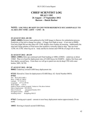 HLY1202 Cruise Report
42
CHIEF SCIENTIST LOG
HEALY 1202
26 August – 27 September 2012
Barrow – Dutch Harbor
NOTE: LOG WILL BE KEPT IN GMT WITH REFERENCE OCCASSIONALLY TO
ALAKSA DST TIME (ADST = GMT – 8)
25 AUGUST 2012: JD 238
1600Z: (0800L) Science team gathered at the SAR hanger in Barrow for embarkation process.
Prediction of fog led to change two plans – if foggy first flight at noon – if not start at 0800L.
First helo flight did not take place till 1230L despite clear weather all morning. Additionally the
ship had 9 large palettes of food stores that needed to vertically lifted to ship. Ops ran from
1230L till 2130L when fog set in. Andy and Kevin Jerram and 4700 lbs of cargo left on shore.
26 AUGUST 2012: JD 239
1800Z: (1000L) Helo ops continued until final loading at 1400L (2200Z) – underway at about
2300Z. Plan is to head for deployment sites of EARS buoys for DARPA – deploy first buoy and
then deploy second buoy. From there we will go to patch test site do deep CTD with water
bottles, XBT, XCTD.
27 AUGUST 2012: JD 240
0000Z: Underway toward EARS buoy deployment site.
0723Z: Slowed to 2 knts for deployment of EARS Buoy A2- Serial Number 08016.
0755Z
Site: HLY1202 EARS 1
Buoy: EARS A2 08016
Latitude: 73º 19.214' N
Longitude: 157º 21.299' W
Water Depth: 3126 m
Depth of Water column occupied: bottom to 19m above bottom
Date of deployment: 2012-08-26
Date of removal: anticipated October 2013
Navigation system: DGPS
Sounding sensor: Kongsberg EM122
0756Z Coming up to speed – enroute to next buoy deployment station approximately 28 nm
north.
1005Z Slowing to launch second EARS buoy.
 