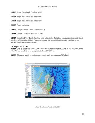 HLY1202 Cruise Report
45
1819Z Began Pitch Patch Test line to SE.
1923Z Began Roll Patch Test line to NE
2030Z Began Roll Patch Test line to SW
2000Z Calder on watch
2140Z Completed Roll Patch Test line to SW
2145Z Started Yaw Patch Test line to NW
2242Z Completed Yaw Patch Test line (and patch test). Restarting survey operations and transit
north over Northwind Ridge. Patch test showed that no modifications were required to the
current configuration of the sonar.
28 August 2012: JD241
0055Z XBT (Deep Blue, Drop 0003, Serial 0088134) launched at 0005Z in 74d 39.254N, 158d
48.52W and installed now; using salinity from CTD 001.
0400Z Mayer on watch – continuing to transit north towards top of Chukchi
Figure 4-3 Proposed track up Chukchi
 