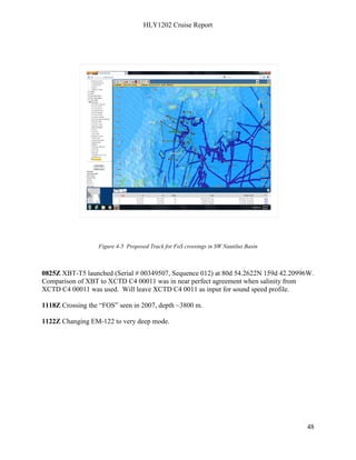 HLY1202 Cruise Report
48
Figure 4-5 Proposed Track for FoS crossings in SW Nautilus Basin
0825Z XBT-T5 launched (Serial # 00349507, Sequence 012) at 80d 54.2622N 159d 42.20996W.
Comparison of XBT to XCTD C4 00011 was in near perfect agreement when salinity from
XCTD C4 00011 was used. Will leave XCTD C4 0011 as input for sound speed profile.
1118Z Crossing the “FOS” seen in 2007, depth ~3800 m.
1122Z Changing EM-122 to very deep mode.
 