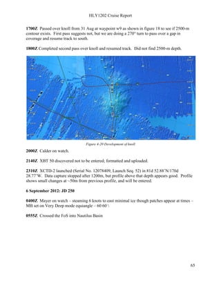 HLY1202 Cruise Report
65
1700Z Passed over knoll from 31 Aug at waypoint w9 as shown in figure 18 to see if 2500-m
contour exists. First pass suggests not, but we are doing a 270° turn to pass over a gap in
coverage and resume track to south.
1800Z Completed second pass over knoll and resumed track. Did not find 2500-m depth.
Figure 4-20 Development of knoll
2000Z Calder on watch.
2140Z XBT 50 discovered not to be entered; formatted and uploaded.
2310Z XCTD-2 launched (Serial No. 12078409, Launch Seq. 52) in 81d 52.88’N/170d
28.77’W. Data capture stopped after 1200m, but profile above that depth appears good. Profile
shows small changes at ~50m from previous profile, and will be entered.
6 September 2012: JD 250
0400Z Mayer on watch – steaming 6 knots to east minimal ice though patches appear at times –
MB set on Very Deep mode equiangle – 60 60 
0555Z Crossed the FoS into Nautilus Basin
 