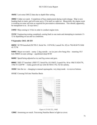 HLY1202 Cruise Report
71
1845Z Lost some EM122 data due to depth filter setting.
2000Z Calder on watch. Completion of buoy deployment during watch change. Ship is now
heading back to track, and will come up to 12 kt until we sight ice. Meanwhile, the engine room
is working on some self tests as required for preventative maintenance. This should, apparently,
be transparent to us. (It says here.)
2105Z Ship coming to 14 kts in order to conduct engine tests.
2315Z Engineering testing completed, coming back to one main and attempting to maintain 11-
12 kt depending on sea and ice conditions.
9 September 2012: JD 253
0005Z XCTD launched (XCTD-3, Serial No. 11074186, Launch No. 82) in 79d 40.04’N/160d
45.72’W.
0400Z Mayer on watch – sunny -2 deg outside – no ice just a few bergy bits – steaming 10.5
knts MBES on auto settings – equidistant deep 60 60
0600Z Speed being adjusted as ice and fog comes and goes.
0800Z XBT-T7 launched (XBT-T7, Serial No. 01118652, Launch No. 84 at 80d 53.82617N,
158d 55.12207W -- looks good will use with XCTD-C3 No. 82 for salinity.
1020Z Into the ice – changing to manual equiangular, very deep mode – to recover bottom.
1111Z Crossing FoS into Nautilus Basin
Figure 4-25 FoS 253_1100Z
1200Z Armstrong on watch. Traversing Nautilus Basin in light ice cover.
 