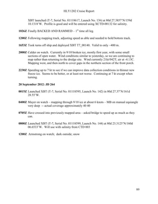 HLY1202 Cruise Report
89
XBT launched (T-7, Serial No. 01118617, Launch No. 136) at 80d 27.3857’N/159d
10.1318’W. Profile is good and will be entered using XCTD-00132 for salinity.
1026Z Finally BACKED AND RAMMED – 1st
time all leg.
1200Z Following mapping track, adjusting speed as able and needed to hold bottom track.
1653Z Took turns off ship and deployed XBT T7_00140. Valid to only ~400 m.
2000Z Calder on watch. Currently in 9/10 broken ice, mostly first year, with some small
sections of open water. Wind conditions similar to yesterday, so we are continuing to
map rather than returning to the dredge site. Wind currently 21kt/042T; air at -4.13C.
Mapping west, and then north to cover gaps in the northern section of the front porch.
2230Z Speeding up to 7 kt to see if we can improve data collection conditions in thinner new
freeze ice. Seems to be better, or at least not worse. Continuing at 7 kt except when
turning.
20 September 2012: JD 264
0015Z Launched XBT (T-7, Serial No. 01118595, Launch No. 142) in 80d 27.37’N/161d
28.55’W.
0400Z Mayer on watch – mapping through 9/10 ice at about 6 knots – MB on manual equiangle
very deep -- actual coverage approximately 40 40
0705Z Have crossed into previously mapped area – asked bridge to speed up as much as they
can.
0800Z Launched XBT (T-7, Serial No. 01118599, Launch No. 144) at 80d 23.3125’N/160d
06.6533’W. Will use with salinity from CTD 003
1200Z Armstrong on watch; dark outside; snow
 