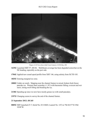 HLY1202 Cruise Report
90
Figure 4-34 View from Aloft Conn Camera 1225Z-Day 264
1639Z Launched XBT T7_00146. Multibeam coverage has been degraded somewhat on the
NE heading, especially on the port side.
1704Z Applied new sound speed profile from XBT 146, using salinity from XCTD 105.
1825Z Entering marginal ice zone.
2000Z Calder on watch. Mapping near the channel feature in mixed, broken fresh freeze
pancake ice. Warmer than yesterday (-1.5C) with barometer falling; overcast and wet
snow; strong swell lifting and breaking the ice.
2138Z Speeding up since we now have mostly grease ice with small pancakes.
2357Z Changing course to survey the end of the channel feature.
21 September 2012: JD 265
0005Z XBT launched (T-7, Serial No. 01118603, Launch No. 147) in 79d 44.57’N/158d
10.88’W.
 