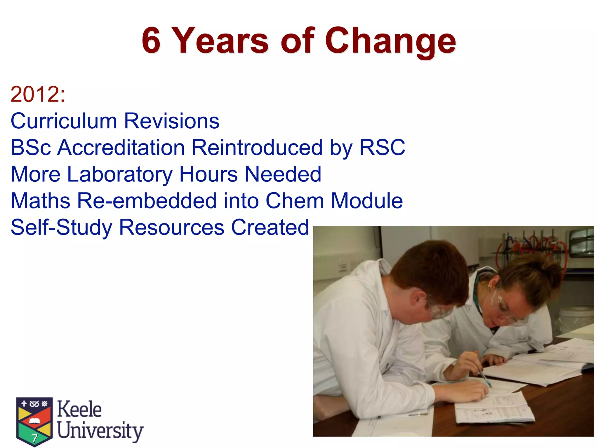 6 Years of Change
2012:
Curriculum Revisions
BSc Accreditation Reintroduced by RSC
More Laboratory Hours Needed
Maths Re-embedded into Chem Module
Self-Study Resources Created
 