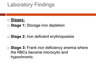 Laboratory Findings
 Stages:
 Stage 1: Storage iron depletion
 Stage 2: Iron deficient erythropoeisis
 Stage 3: Frank iron deficiency anemia where
the RBCs become microcytic and
hypochromic.
 