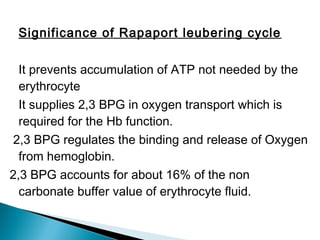 Significance of Rapaport leubering cycle
It prevents accumulation of ATP not needed by the
erythrocyte
It supplies 2,3 BPG in oxygen transport which is
required for the Hb function.
2,3 BPG regulates the binding and release of Oxygen
from hemoglobin.
2,3 BPG accounts for about 16% of the non
carbonate buffer value of erythrocyte fluid.
 