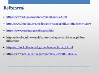 Refrences:
 https://www.cdc.gov/vaccines/vpd/hib/index.html
 http://www.immune.org.nz/diseases/haemophilius-influenzae-type-b
 https://www.vaccines.gov/diseases/hib/
 http://microbeonline.com/laboratory-diagnosis-of-haemophilus-
influenza/
 http://textbookofbacteriology.net/haemophilus_2.html
 https://www.ncbi.nlm.nih.gov/pmc/articles/PMC1782565/
 