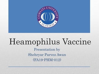 Heamophilus Vaccine
Presentation by
Shehryar Parvez Awan
(FA19-PHM-012)
 