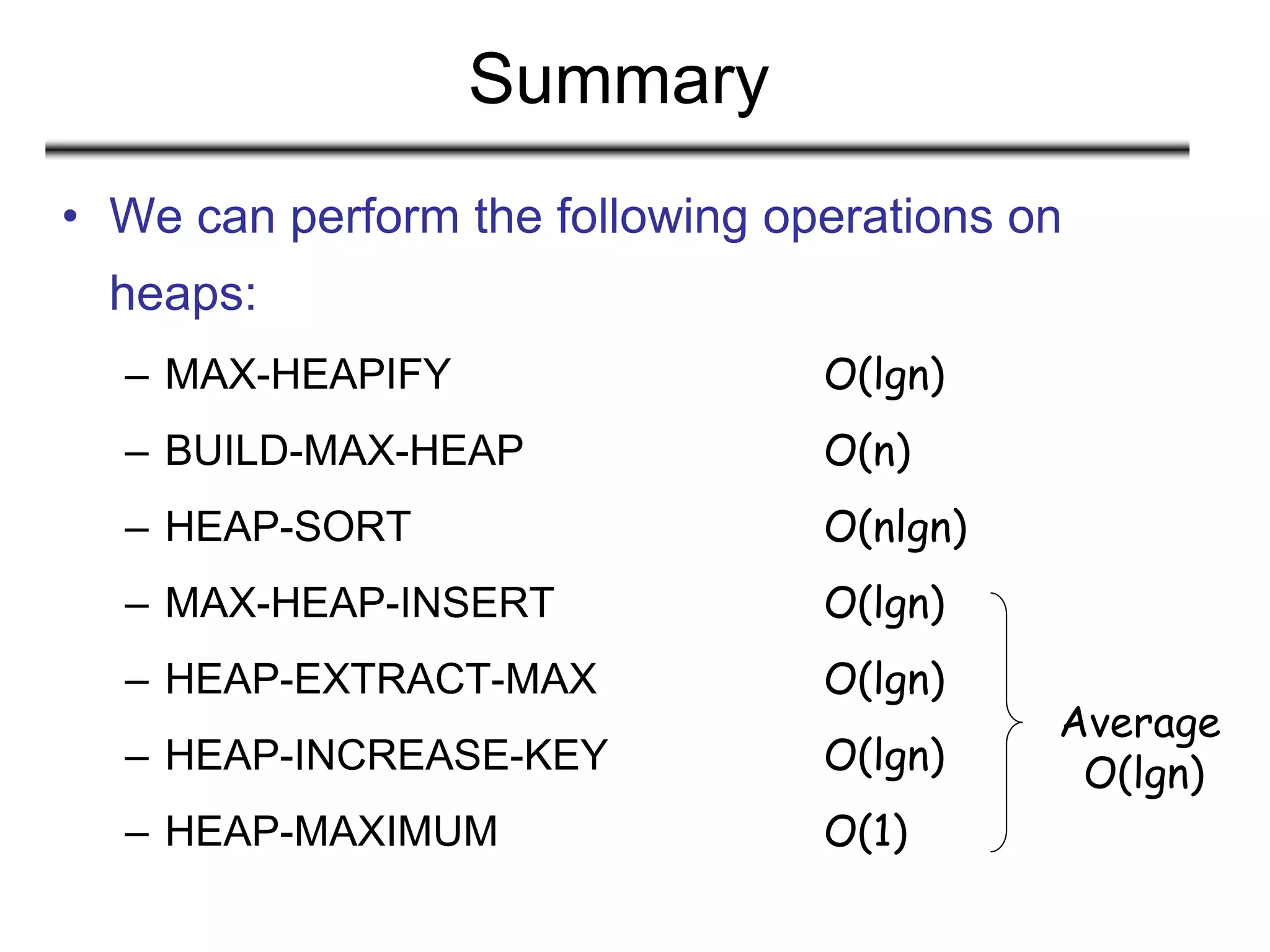 Summary
• We can perform the following operations on
heaps:
– MAX-HEAPIFY O(lgn)
– BUILD-MAX-HEAP O(n)
– HEAP-SORT O(nlgn)
– MAX-HEAP-INSERT O(lgn)
– HEAP-EXTRACT-MAX O(lgn)
– HEAP-INCREASE-KEY O(lgn)
– HEAP-MAXIMUM O(1)
Average
O(lgn)
 