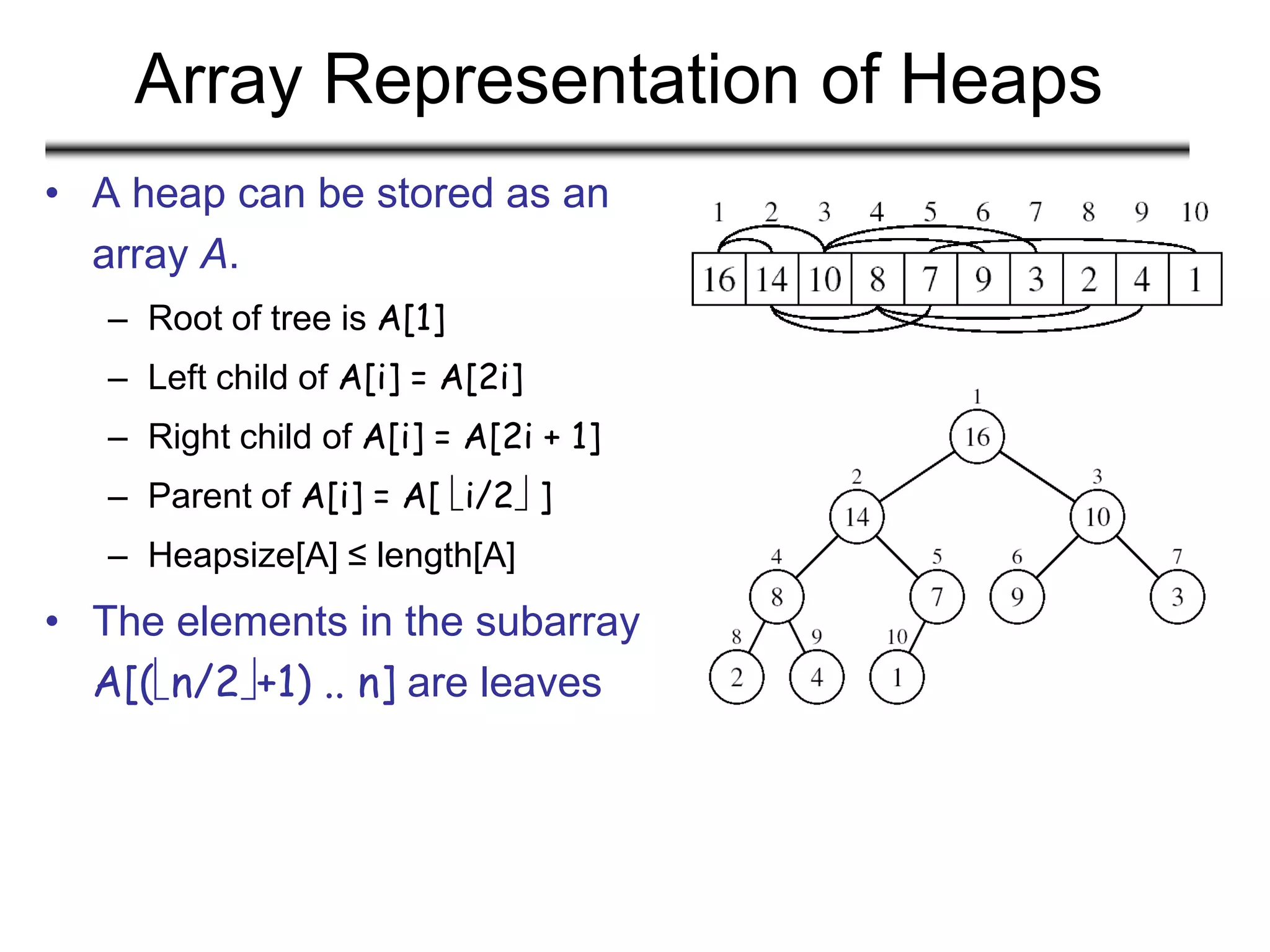 Array Representation of Heaps
• A heap can be stored as an
array A.
– Root of tree is A[1]
– Left child of A[i] = A[2i]
– Right child of A[i] = A[2i + 1]
– Parent of A[i] = A[ i/2 ]
– Heapsize[A] ≤ length[A]
• The elements in the subarray
A[(n/2+1) .. n] are leaves
 