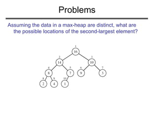 Problems
Assuming the data in a max-heap are distinct, what are
the possible locations of the second-largest element?
 