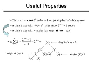 Useful Properties
2
14 8
1
16
4
3
9 10
Height of root = 3
Height of (2)= 1 Level of (10)= 2
height
height
1
1
0
2 1
2 2 1
2 1
dd
l d
l
n




   


 