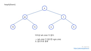 By yaboong
https://yaboong.github.io
heapifyDown()
15 619
20
4
더이상 left child 가 없다.
-> left child 가 없으면 right child
도 없으므로 종료
8
5
 