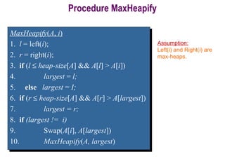 Procedure MaxHeapify
MaxHeapify(A, i)
1. l = left(i);
2. r = right(i);
3. if (l ≤ heap-size[A] && A[l] > A[i])
4. largest = l;
5. else largest = I;
6. if (r ≤ heap-size[A] && A[r] > A[largest])
7. largest = r;
8. if (largest != i)
9. Swap(A[i], A[largest])
10. MaxHeapify(A, largest)
MaxHeapify(A, i)
1. l = left(i);
2. r = right(i);
3. if (l ≤ heap-size[A] && A[l] > A[i])
4. largest = l;
5. else largest = I;
6. if (r ≤ heap-size[A] && A[r] > A[largest])
7. largest = r;
8. if (largest != i)
9. Swap(A[i], A[largest])
10. MaxHeapify(A, largest)
Assumption:
Left(i) and Right(i) are
max-heaps.
 