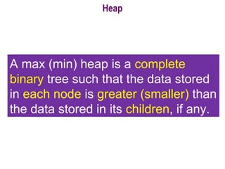 Heap
A max (min) heap is a complete
binary tree such that the data stored
in each node is greater (smaller) than
the data stored in its children, if any.
 