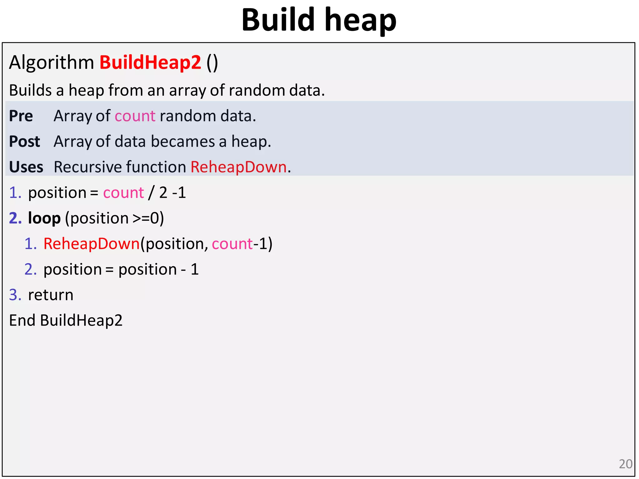 Build heap
Algorithm BuildHeap2 ()
Builds a heap from an array of random data.
Pre Array of count random data.
Post Array of data becames a heap.
Uses Recursive function ReheapDown.
1. position = count / 2 -1
2. loop (position >=0)
1. ReheapDown(position, count-1)
2. position = position - 1
3. return
End BuildHeap2
20
 