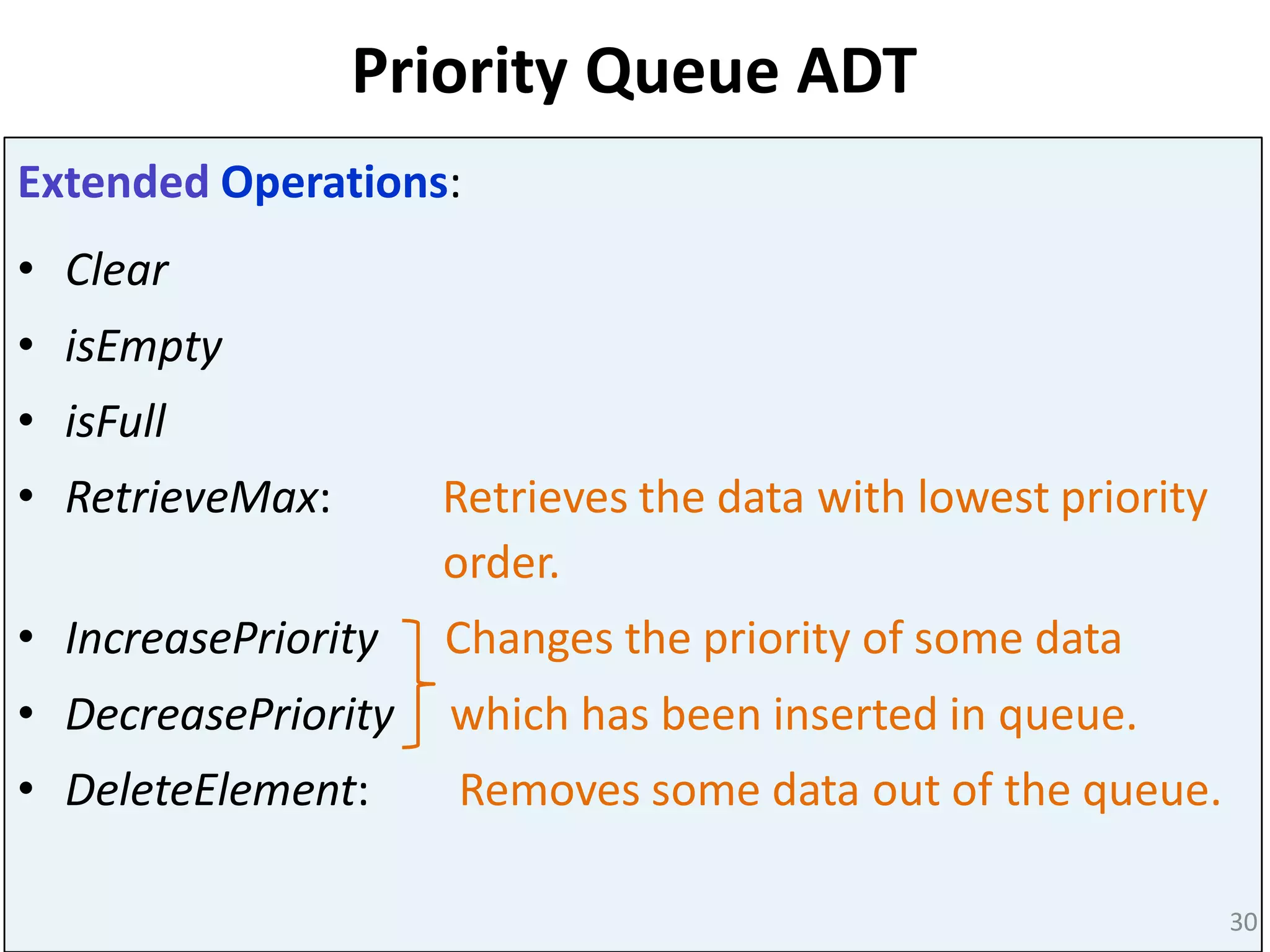 Priority Queue ADT
Extended Operations:
• Clear
• isEmpty
• isFull
• RetrieveMax: Retrieves the data with lowest priority
order.
• IncreasePriority Changes the priority of some data
• DecreasePriority which has been inserted in queue.
• DeleteElement: Removes some data out of the queue.
30
 