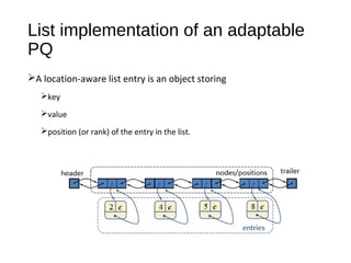 List implementation of an adaptable
PQ
A location-aware list entry is an object storing
key
value
position (or rank) of the entry in the list.
 