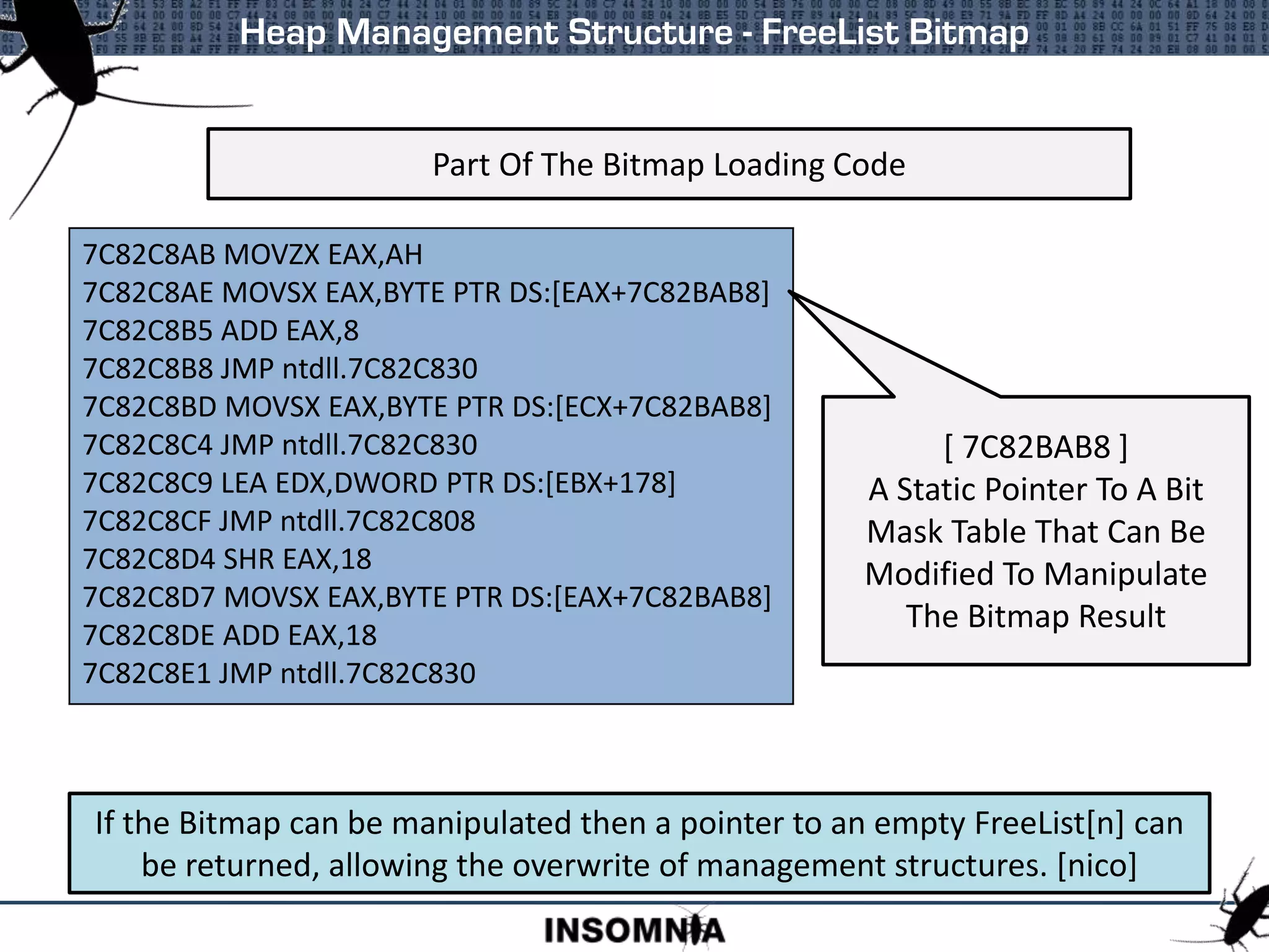 Heap Management Structure - FreeList Bitmap
If the Bitmap can be manipulated then a pointer to an empty FreeList[n] can
be returned, allowing the overwrite of management structures. [nico]
Part Of The Bitmap Loading Code
7C82C8AB MOVZX EAX,AH
7C82C8AE MOVSX EAX,BYTE PTR DS:[EAX+7C82BAB8]
7C82C8B5 ADD EAX,8
7C82C8B8 JMP ntdll.7C82C830
7C82C8BD MOVSX EAX,BYTE PTR DS:[ECX+7C82BAB8]
7C82C8C4 JMP ntdll.7C82C830
7C82C8C9 LEA EDX,DWORD PTR DS:[EBX+178]
7C82C8CF JMP ntdll.7C82C808
7C82C8D4 SHR EAX,18
7C82C8D7 MOVSX EAX,BYTE PTR DS:[EAX+7C82BAB8]
7C82C8DE ADD EAX,18
7C82C8E1 JMP ntdll.7C82C830
[ 7C82BAB8 ]
A Static Pointer To A Bit
Mask Table That Can Be
Modified To Manipulate
The Bitmap Result
 