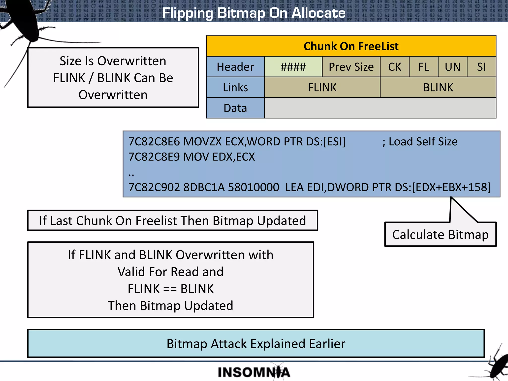 Flipping Bitmap On Allocate
Size Is Overwritten
FLINK / BLINK Can Be
Overwritten
7C82C8E6 MOVZX ECX,WORD PTR DS:[ESI] ; Load Self Size
7C82C8E9 MOV EDX,ECX
..
7C82C902 8DBC1A 58010000 LEA EDI,DWORD PTR DS:[EDX+EBX+158]
Calculate Bitmap
Bitmap Attack Explained Earlier
Chunk On FreeList
Header #### Prev Size CK FL UN SI
Links FLINK BLINK
Data
If Last Chunk On Freelist Then Bitmap Updated
If FLINK and BLINK Overwritten with
Valid For Read and
FLINK == BLINK
Then Bitmap Updated
 