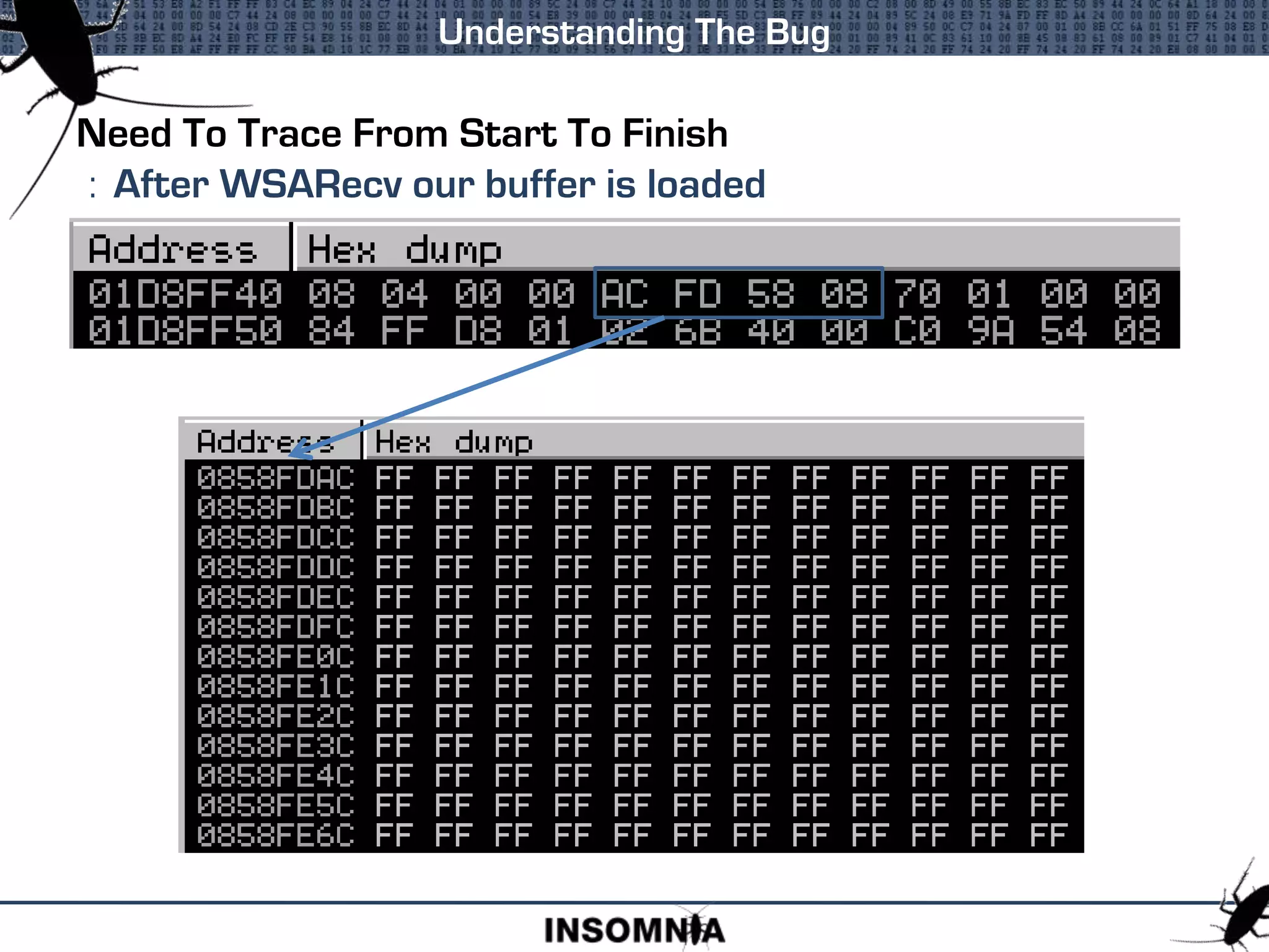 Need To Trace From Start To Finish
: After WSARecv our buffer is loaded
Understanding The Bug
 