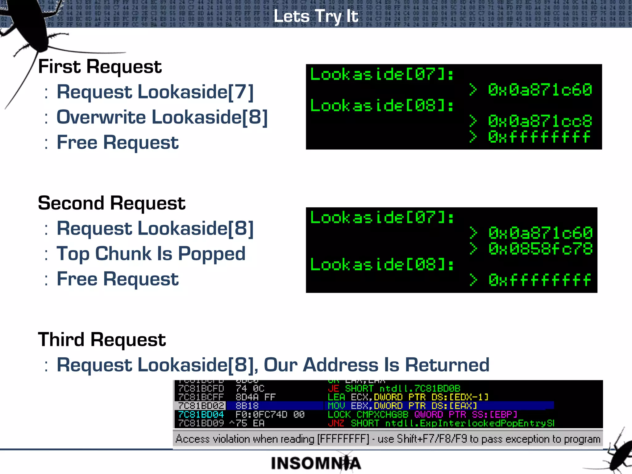 First Request
: Request Lookaside[7]
: Overwrite Lookaside[8]
: Free Request
Second Request
: Request Lookaside[8]
: Top Chunk Is Popped
: Free Request
Third Request
: Request Lookaside[8], Our Address Is Returned
Lets Try It
 