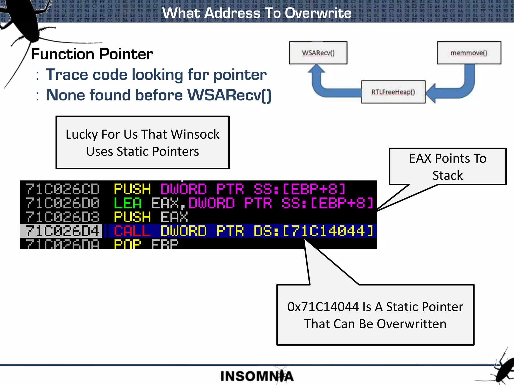 Function Pointer
: Trace code looking for pointer
: None found before WSARecv()
What Address To Overwrite
Lucky For Us That Winsock
Uses Static Pointers
0x71C14044 Is A Static Pointer
That Can Be Overwritten
EAX Points To
Stack
 