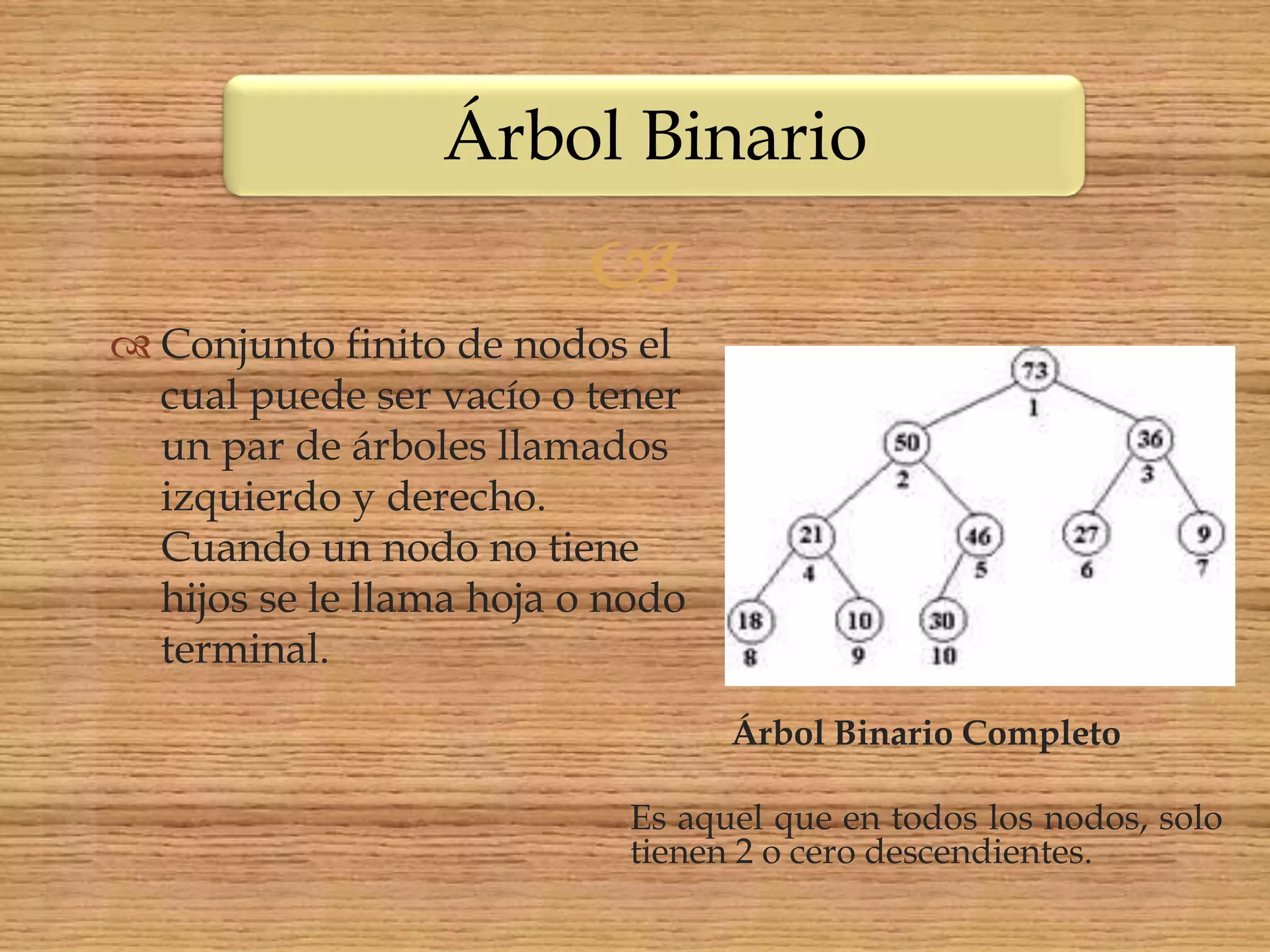 Árbol Binario
                         
 Conjunto finito de nodos el
  cual puede ser vacío o tener
  un par de árboles llamados
  izquierdo y derecho.
  Cuando un nodo no tiene
  hijos se le llama hoja o nodo
  terminal.
                                  Árbol Binario Completo

                           Es aquel que en todos los nodos, solo
                           tienen 2 o cero descendientes.
 