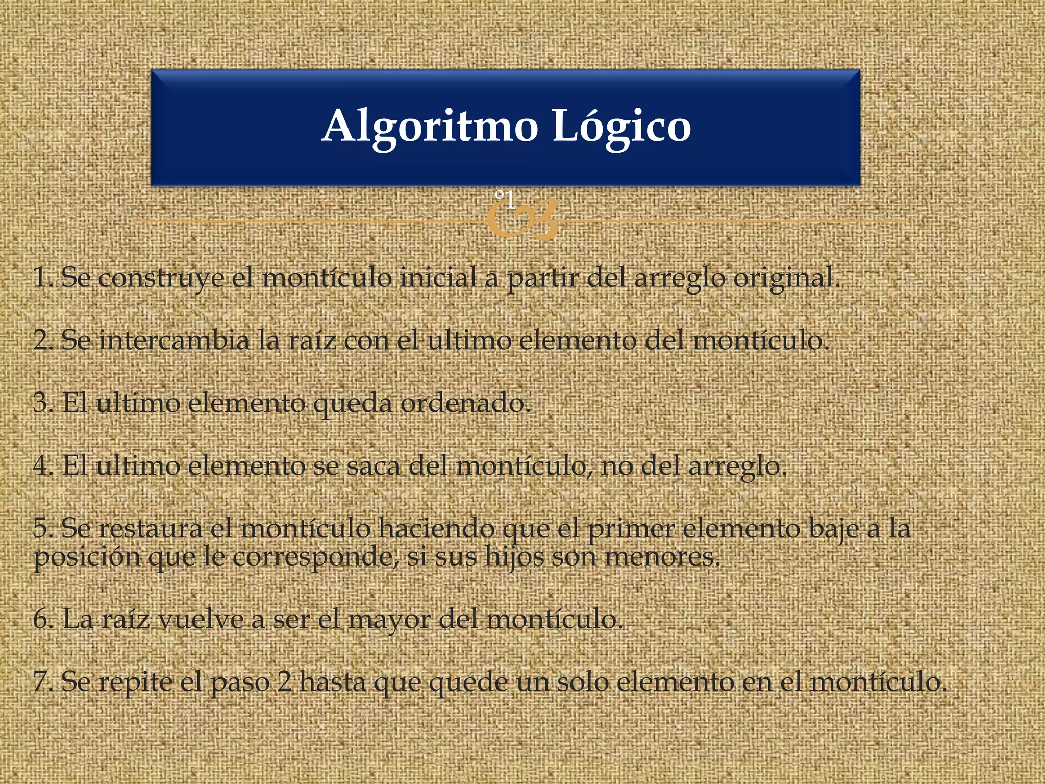 Algoritmo Lógico

                                     º1

1. Se construye el montículo inicial a partir del arreglo original.

2. Se intercambia la raíz con el ultimo elemento del montículo.

3. El ultimo elemento queda ordenado.

4. El ultimo elemento se saca del montículo, no del arreglo.

5. Se restaura el montículo haciendo que el primer elemento baje a la
posición que le corresponde, si sus hijos son menores.

6. La raíz vuelve a ser el mayor del montículo.

7. Se repite el paso 2 hasta que quede un solo elemento en el montículo.
 