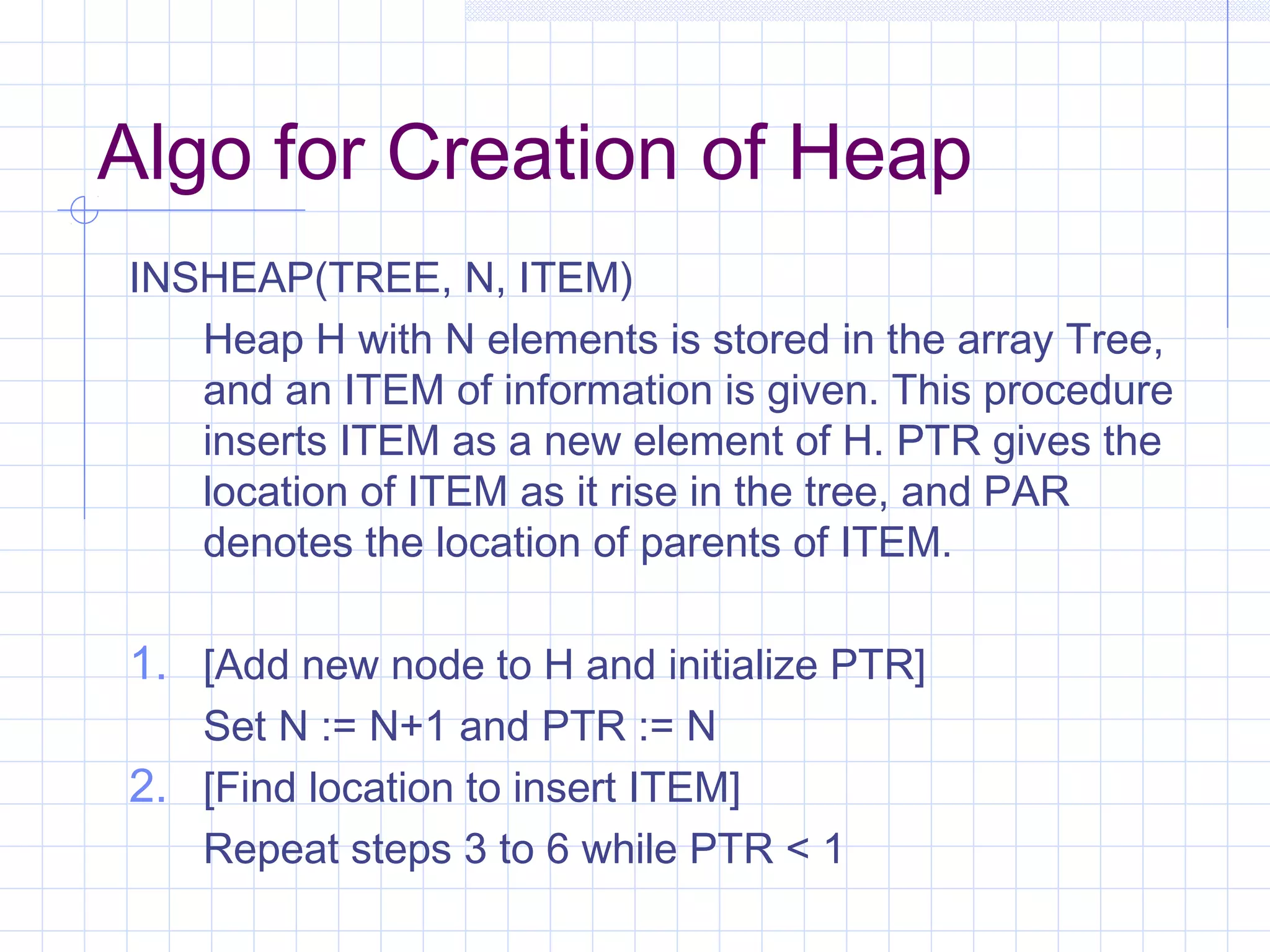 Algo for Creation of Heap
INSHEAP(TREE, N, ITEM)
   Heap H with N elements is stored in the array Tree,
   and an ITEM of information is given. This procedure
   inserts ITEM as a new element of H. PTR gives the
   location of ITEM as it rise in the tree, and PAR
   denotes the location of parents of ITEM.

1. [Add new node to H and initialize PTR]
   Set N := N+1 and PTR := N
2. [Find location to insert ITEM]
   Repeat steps 3 to 6 while PTR < 1
 