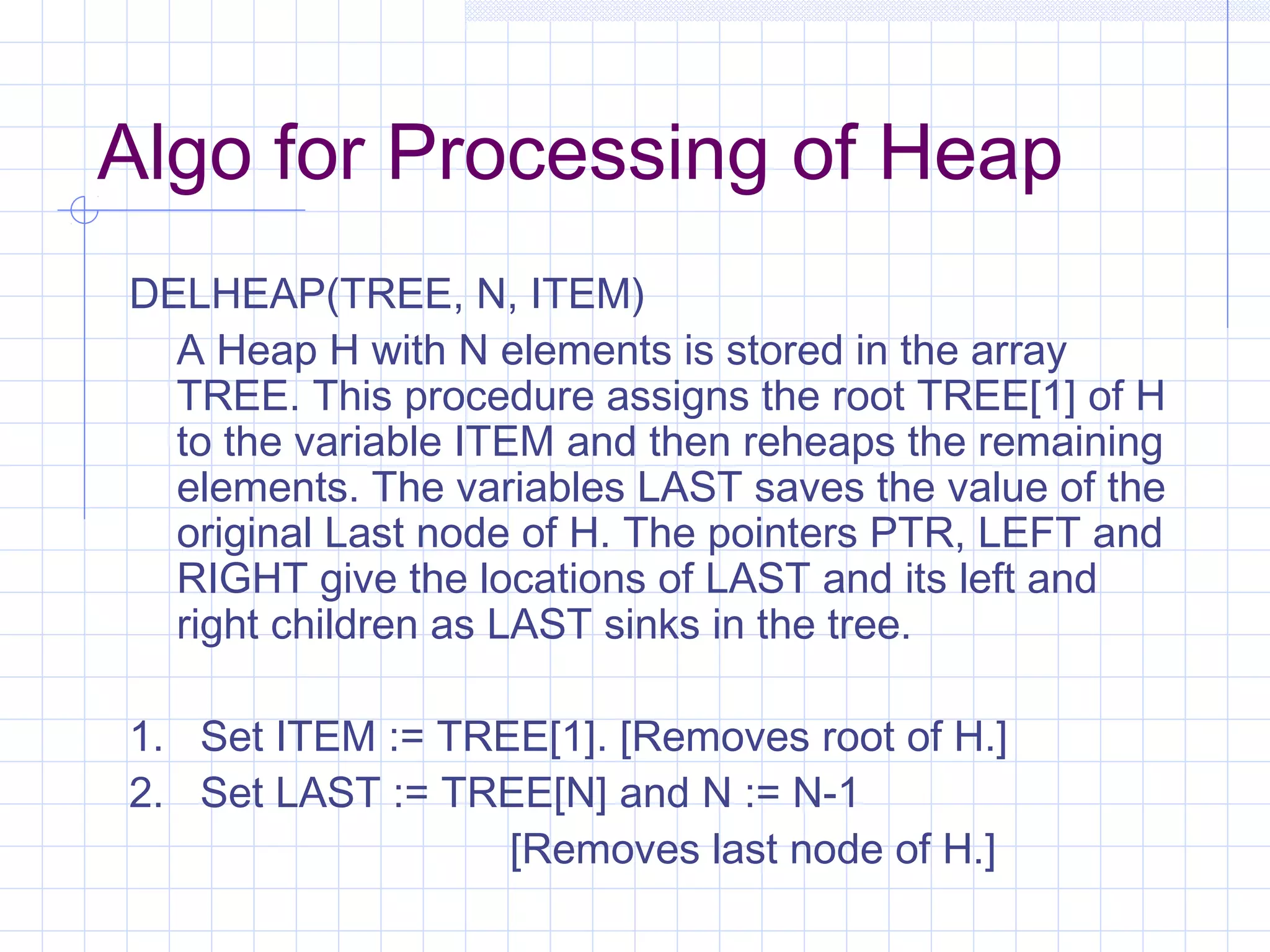 Algo for Processing of Heap
DELHEAP(TREE, N, ITEM)
  A Heap H with N elements is stored in the array
  TREE. This procedure assigns the root TREE[1] of H
  to the variable ITEM and then reheaps the remaining
  elements. The variables LAST saves the value of the
  original Last node of H. The pointers PTR, LEFT and
  RIGHT give the locations of LAST and its left and
  right children as LAST sinks in the tree.

1. Set ITEM := TREE[1]. [Removes root of H.]
2. Set LAST := TREE[N] and N := N-1
                  [Removes last node of H.]
 