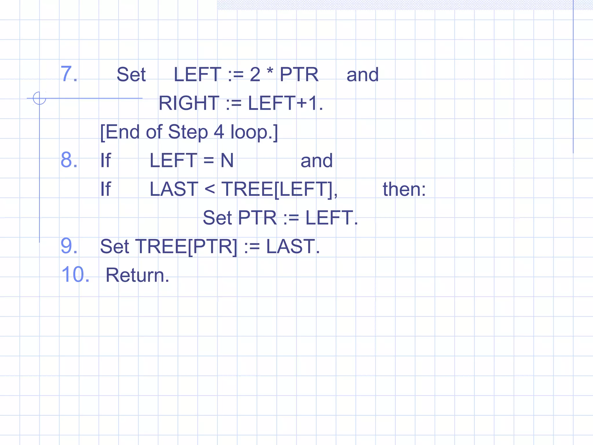 7.   Set    LEFT := 2 * PTR and
          RIGHT := LEFT+1.
    [End of Step 4 loop.]
8. If    LEFT = N         and
    If   LAST < TREE[LEFT],     then:
               Set PTR := LEFT.
9. Set TREE[PTR] := LAST.
10. Return.
 