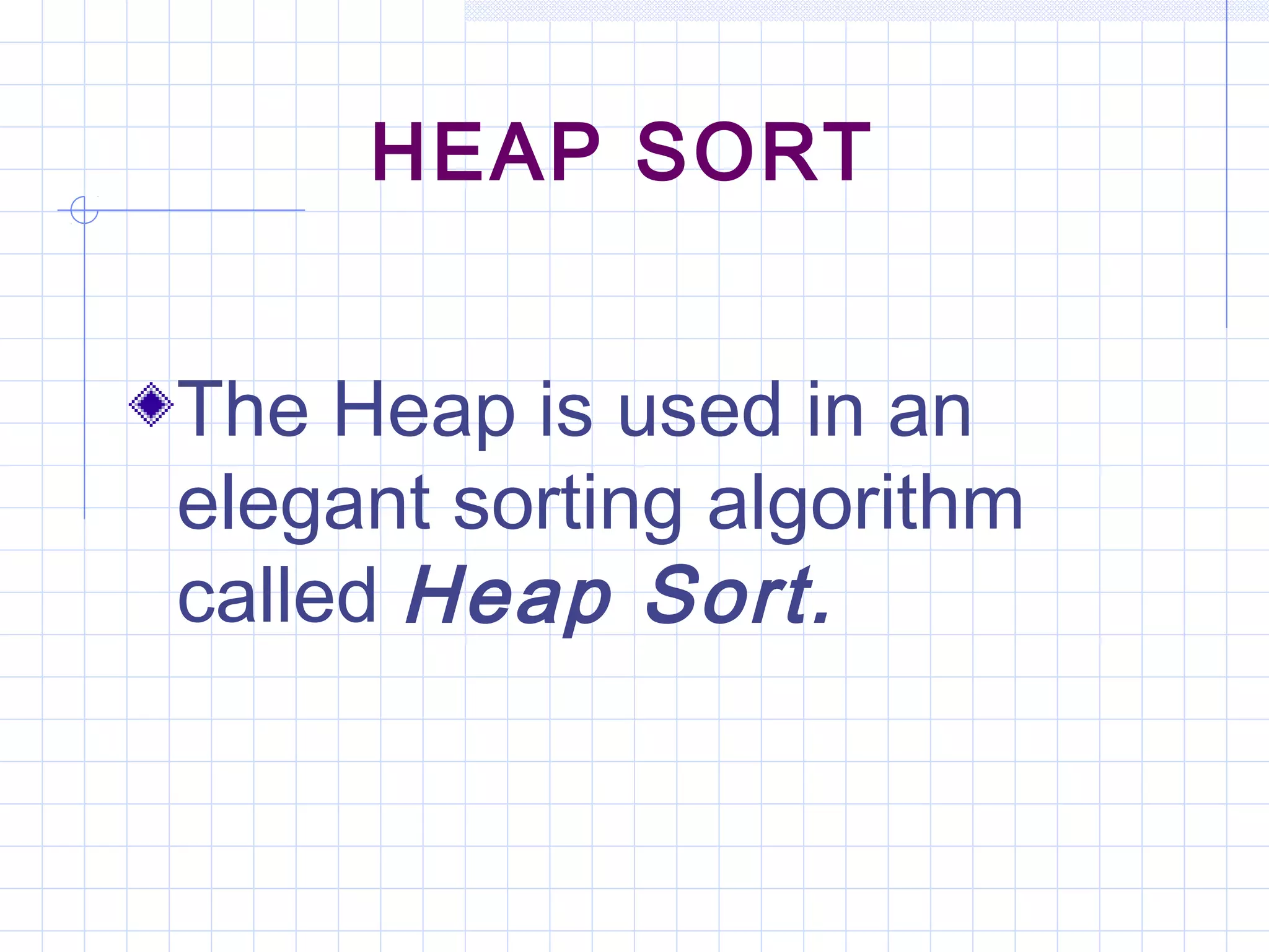 HEAP SORT


The Heap is used in an
elegant sorting algorithm
called Heap Sort.
 