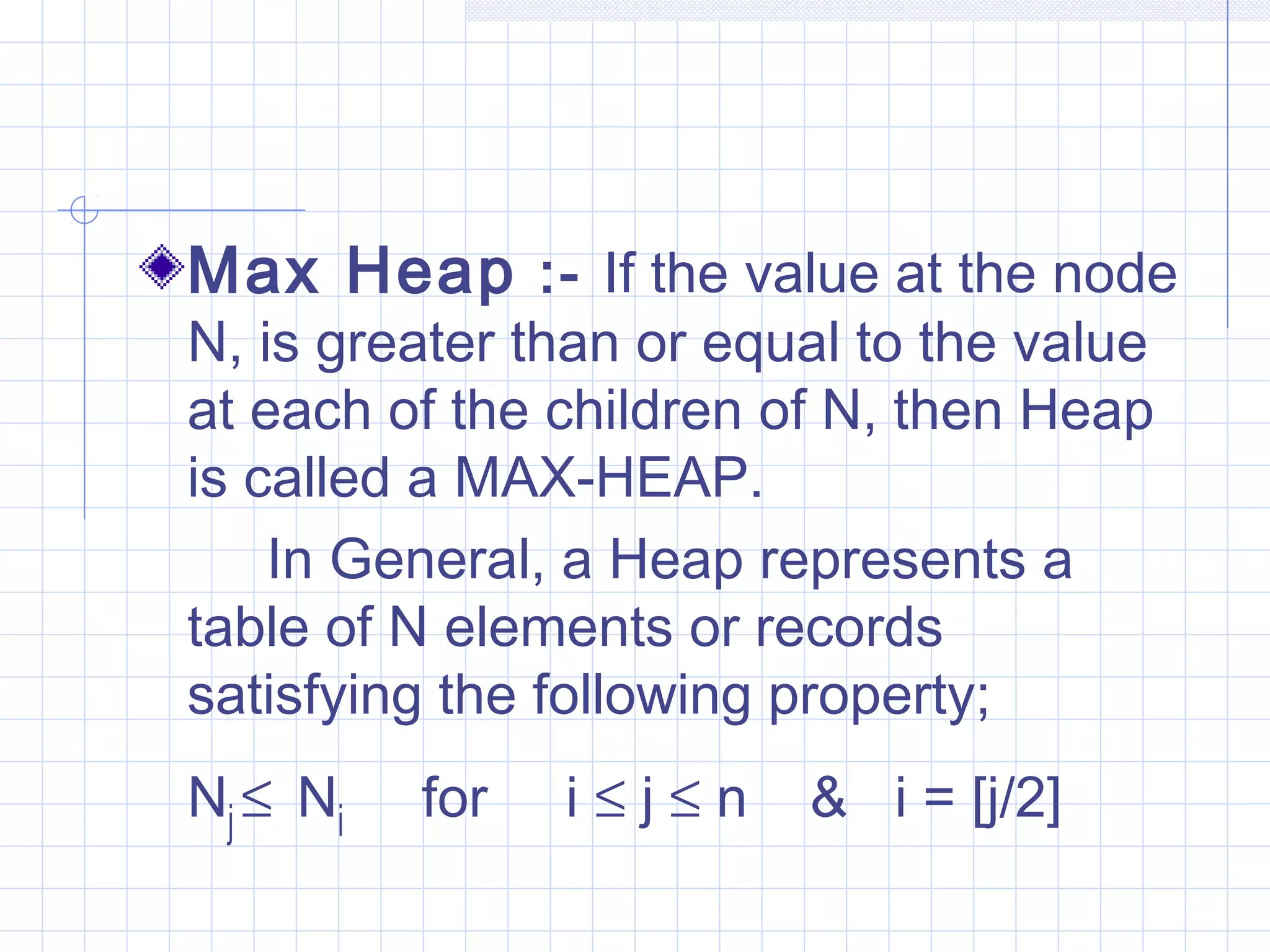 Max Heap :- If the value at the node
N, is greater than or equal to the value
at each of the children of N, then Heap
is called a MAX-HEAP.
    In General, a Heap represents a
table of N elements or records
satisfying the following property;
Nj ≤ Ni   for   i≤j≤n    & i = [j/2]
 