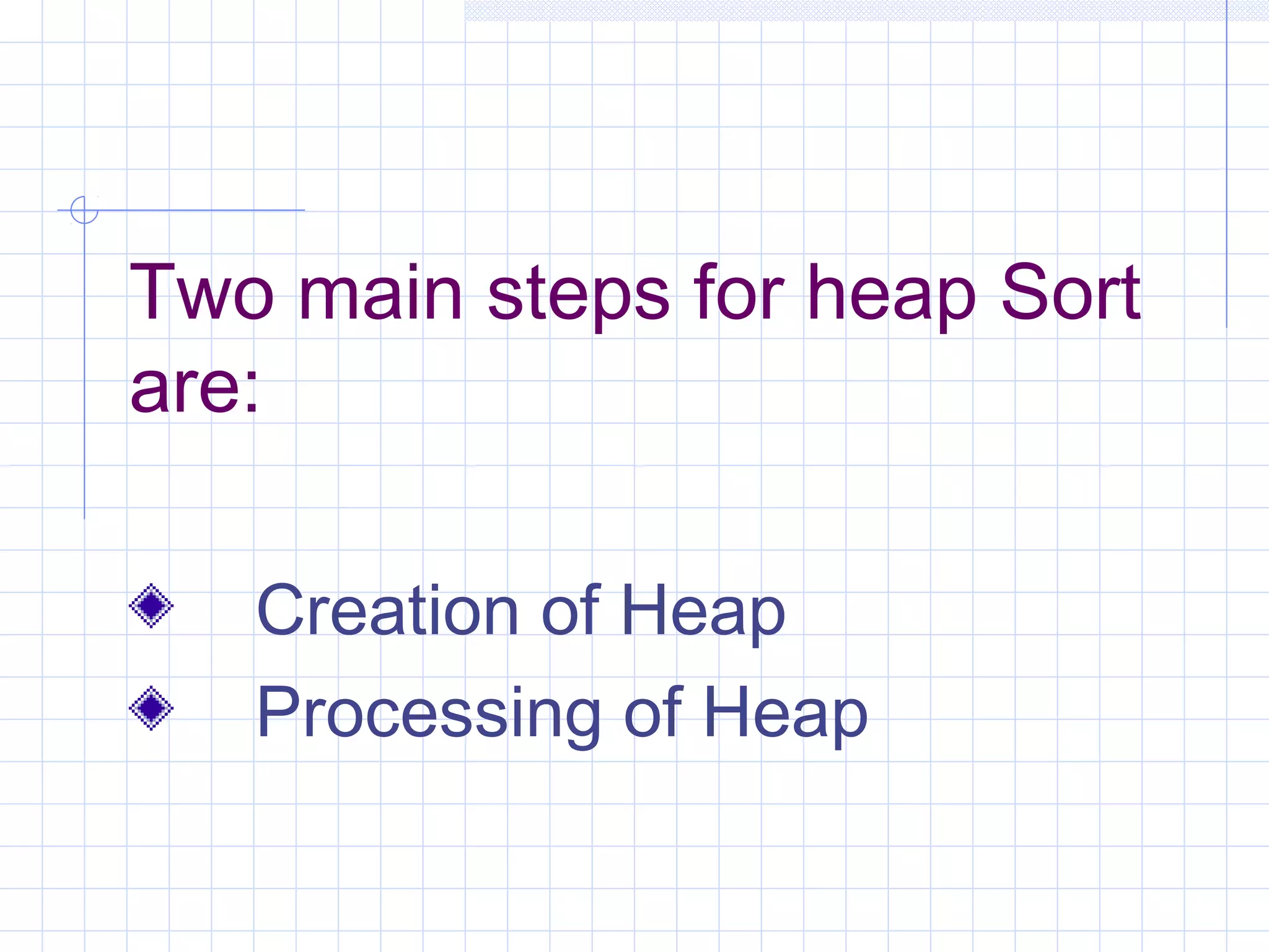 Two main steps for heap Sort
are:

   Creation of Heap
   Processing of Heap
 
