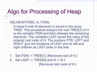 Algo for Processing of Heap
DELHEAP(TREE, N, ITEM)
  A Heap H with N elements is stored in the array
  TREE. This procedure assigns the root TREE[1] of H
  to the variable ITEM and then reheaps the remaining
  elements. The variables LAST saves the value of the
  original Last node of H. The pointers PTR, LEFT and
  RIGHT give the locations of LAST and its left and
  right children as LAST sinks in the tree.

1. Set ITEM := TREE[1]. [Removes root of H.]
2. Set LAST := TREE[N] and N := N-1
                  [Removes last node of H.]
 