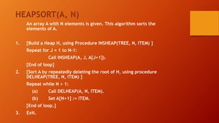 HEAPSORT(A, N)
An array A with N elements is given. This algorithm sorts the
elements of A.
1. [Build a Heap H, using Procedure INSHEAP(TREE, N, ITEM) ]
Repeat for J = 1 to N-1:
Call INSHEAP(A, J, A[J+1]).
[End of loop]
2. [Sort A by repeatedly deleting the root of H, using procedure
DELHEAP(TREE, N, ITEM) ]
Repeat while N > 1:
(a) Call DELHEAP(A, N, ITEM).
(b) Set A[N+1] := ITEM.
[End of loop.]
3. Exit.
 