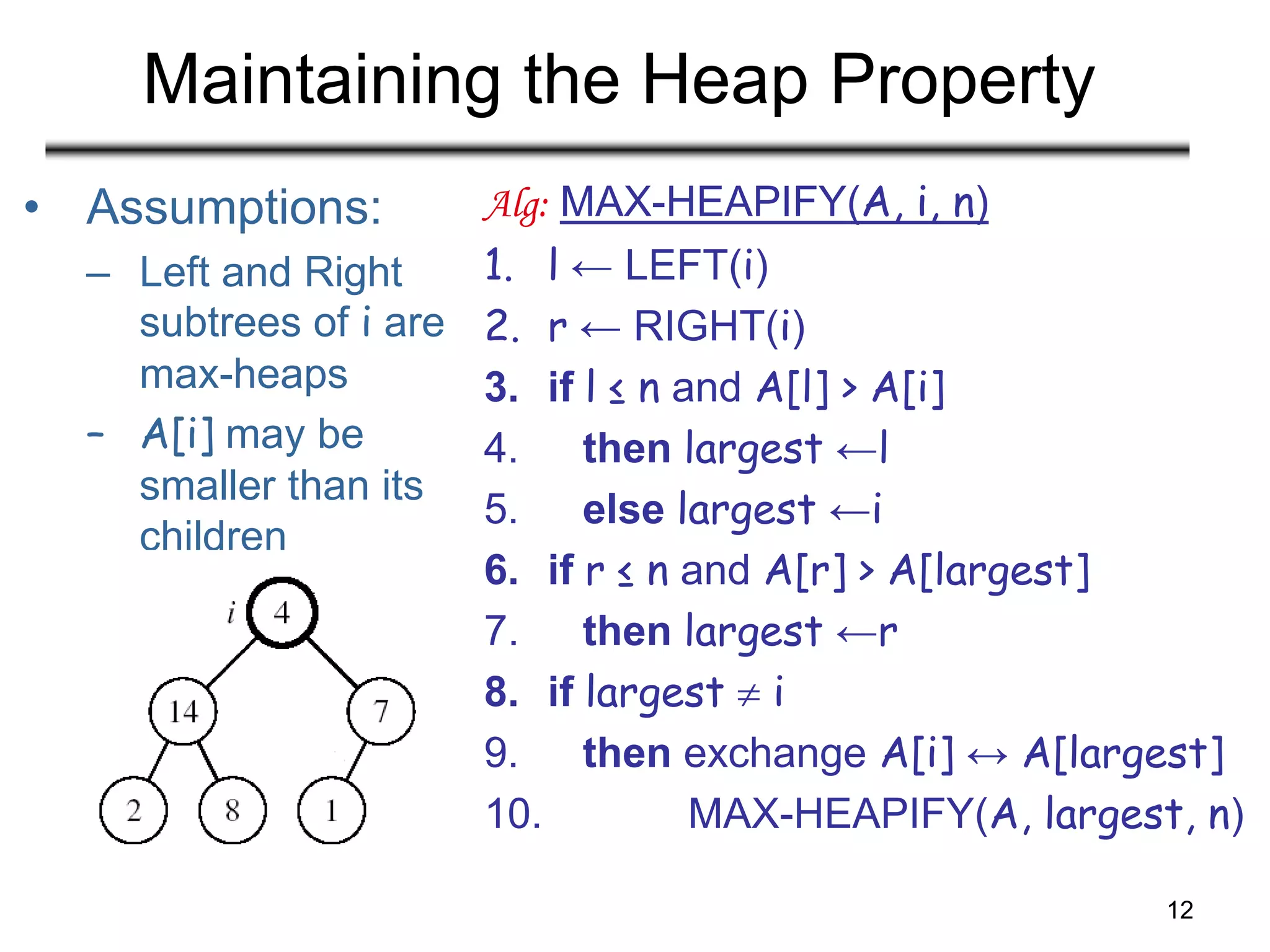 12
Maintaining the Heap Property
• Assumptions:
– Left and Right
subtrees of i are
max-heaps
– A[i] may be
smaller than its
children
Alg: MAX-HEAPIFY(A, i, n)
1. l ← LEFT(i)
2. r ← RIGHT(i)
3. if l ≤ n and A[l] > A[i]
4. then largest ←l
5. else largest ←i
6. if r ≤ n and A[r] > A[largest]
7. then largest ←r
8. if largest  i
9. then exchange A[i] ↔ A[largest]
10. MAX-HEAPIFY(A, largest, n)
 