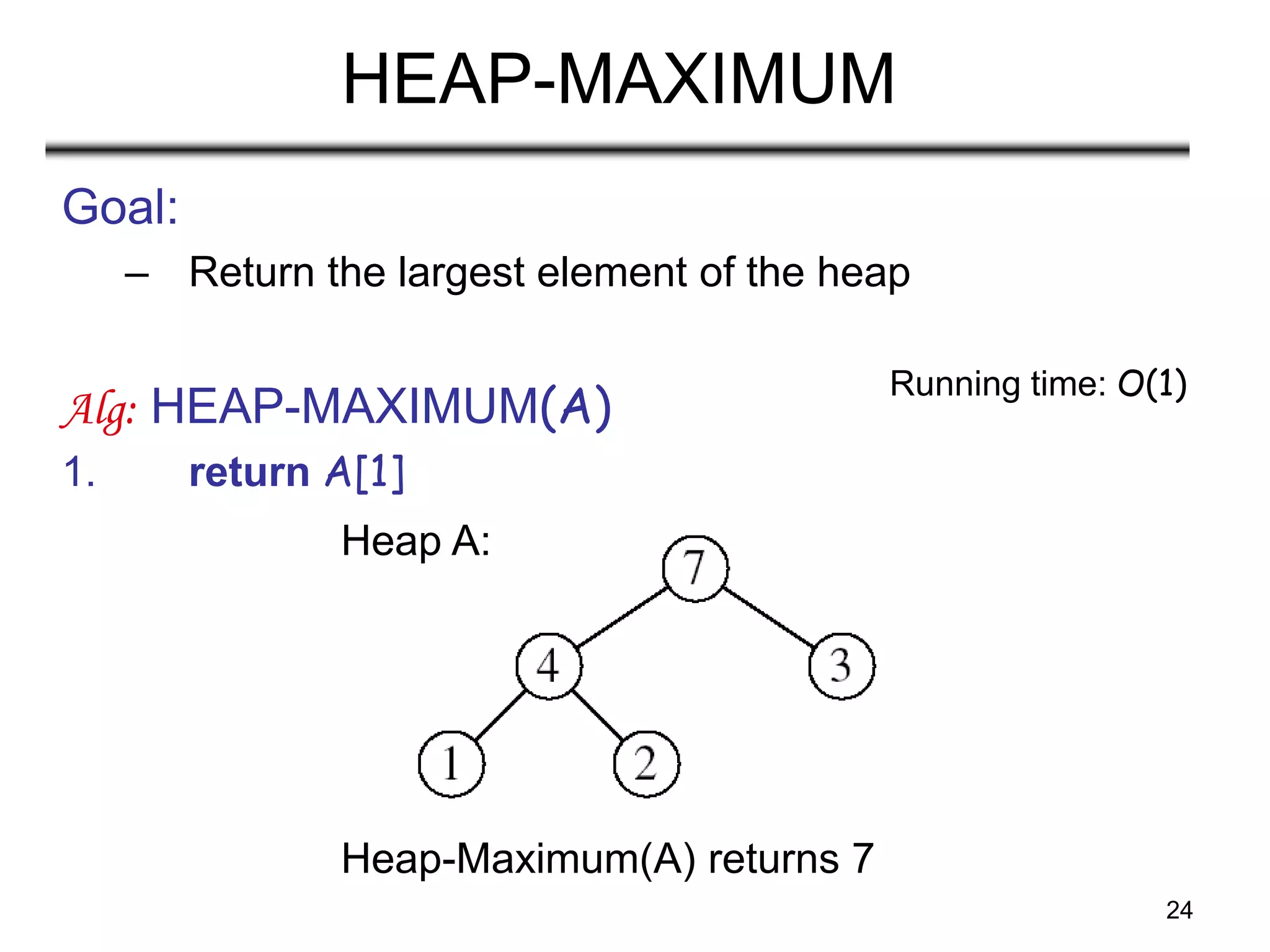 24
HEAP-MAXIMUM
Goal:
– Return the largest element of the heap
Alg: HEAP-MAXIMUM(A)
1. return A[1]
Running time: O(1)
Heap A:
Heap-Maximum(A) returns 7
 
