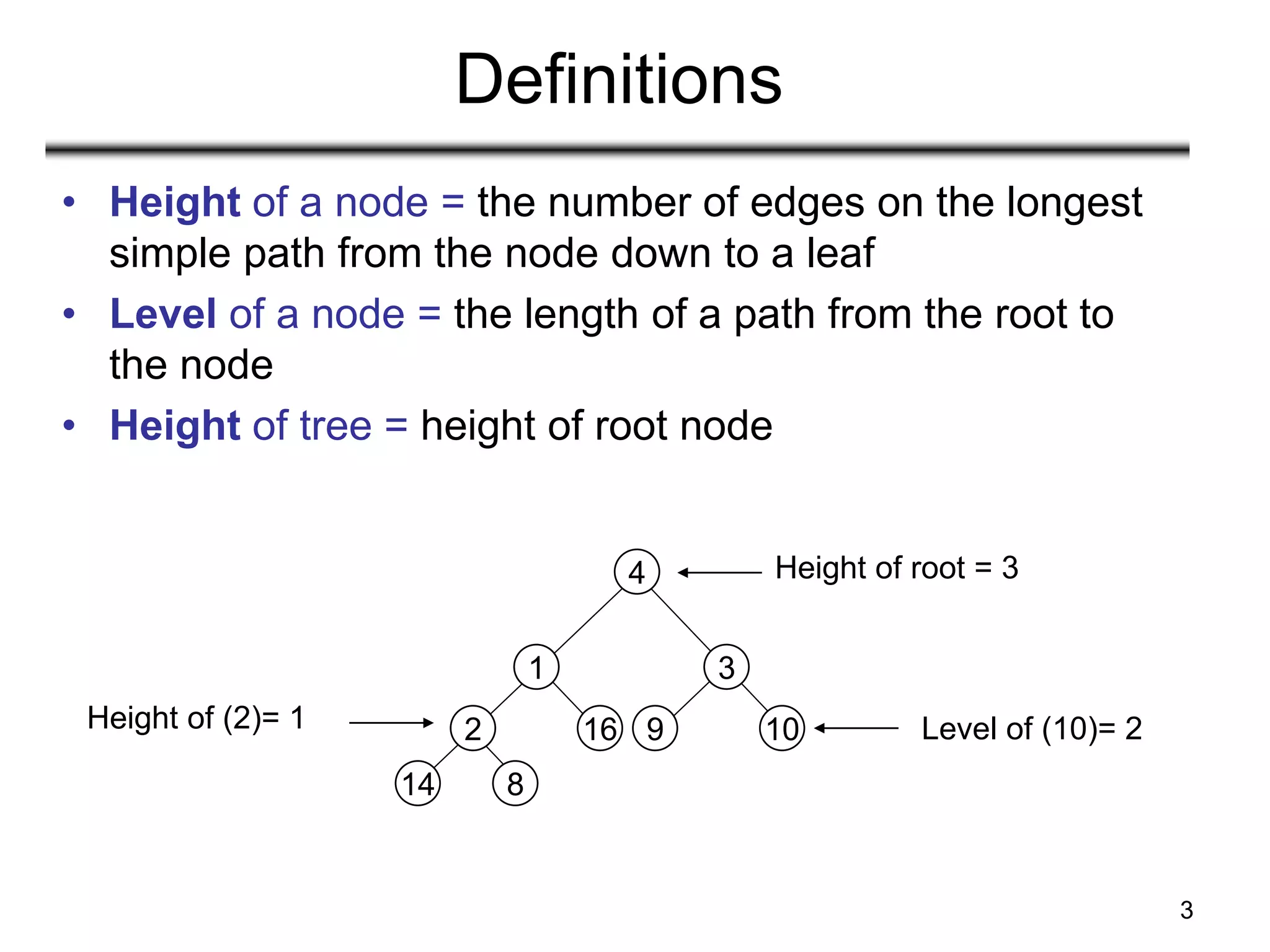 3
Definitions
• Height of a node = the number of edges on the longest
simple path from the node down to a leaf
• Level of a node = the length of a path from the root to
the node
• Height of tree = height of root node
2
14 8
1
16
4
3
9 10
Height of root = 3
Height of (2)= 1 Level of (10)= 2
 